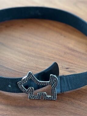 Black Leather Belt with Embellished Scottie dog shaped buckle size sm/xsmall